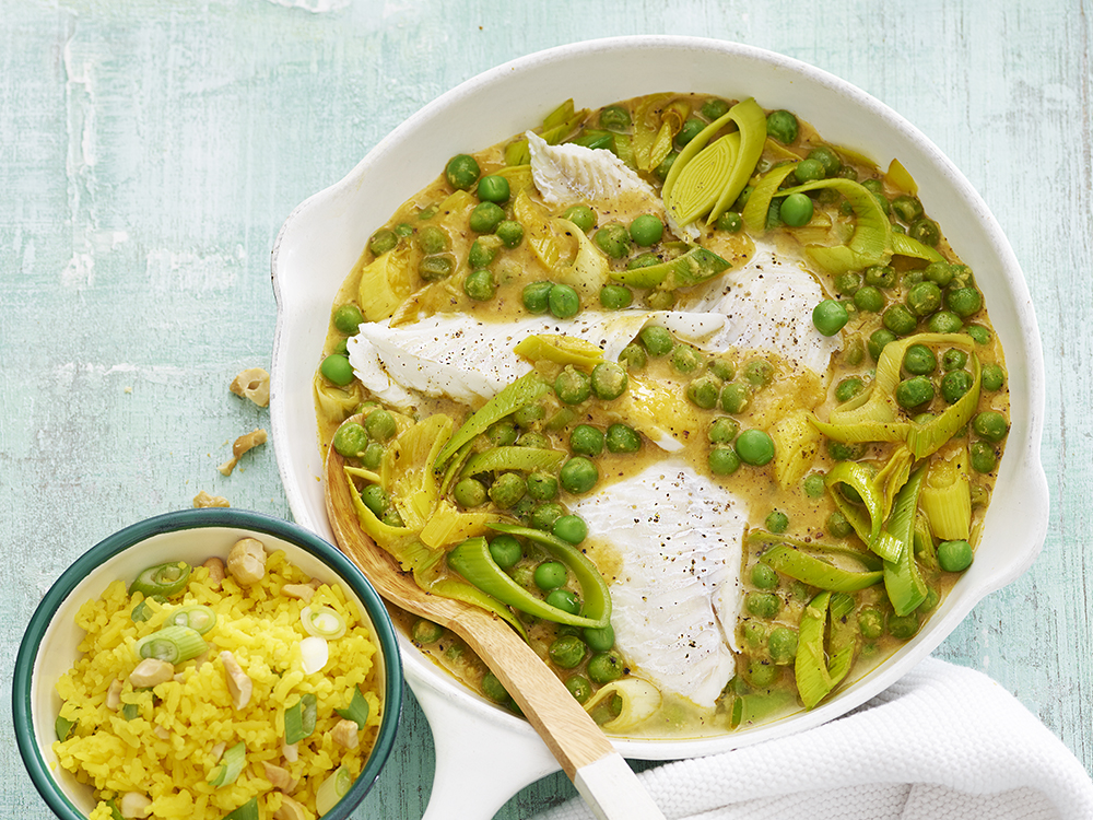 Curried Cod with Yellow Rice, Leeks, Peas and Scallions | Savory
