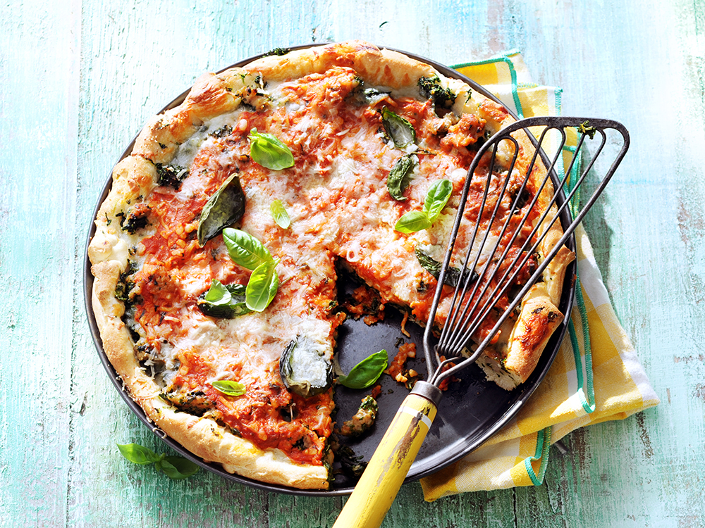 Deep-Dish Sausage and Spinach Pizza | Savory