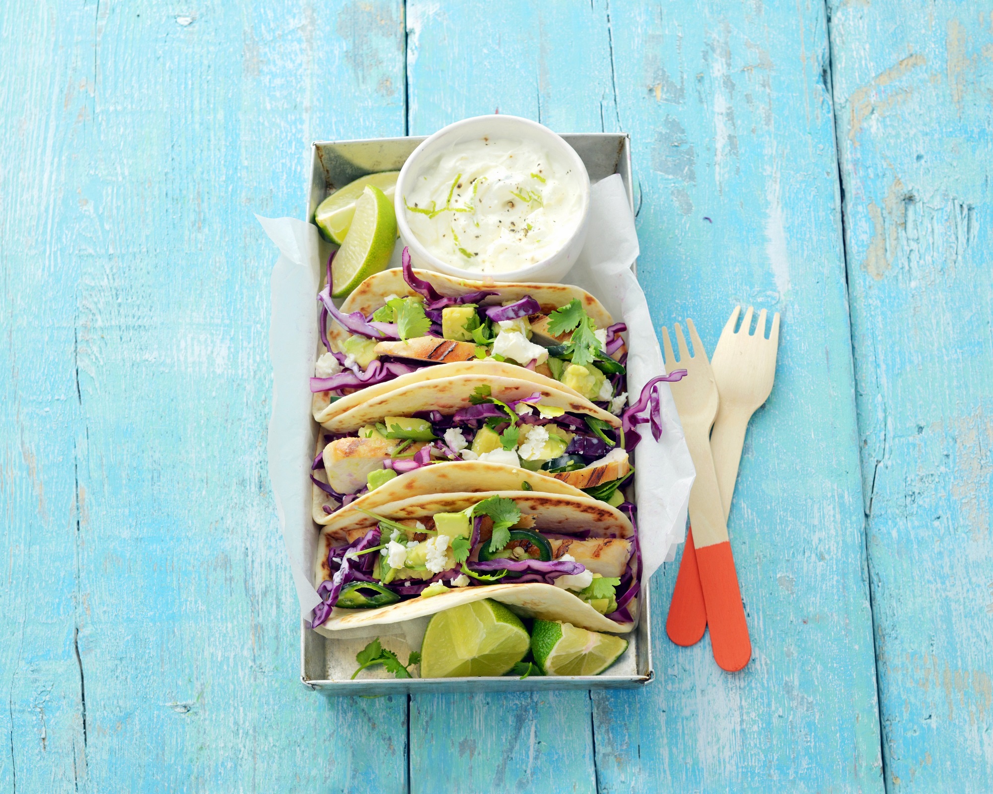 Chicken Tacos with Cabbage, Avocado Salsa and Lime Cream | Savory