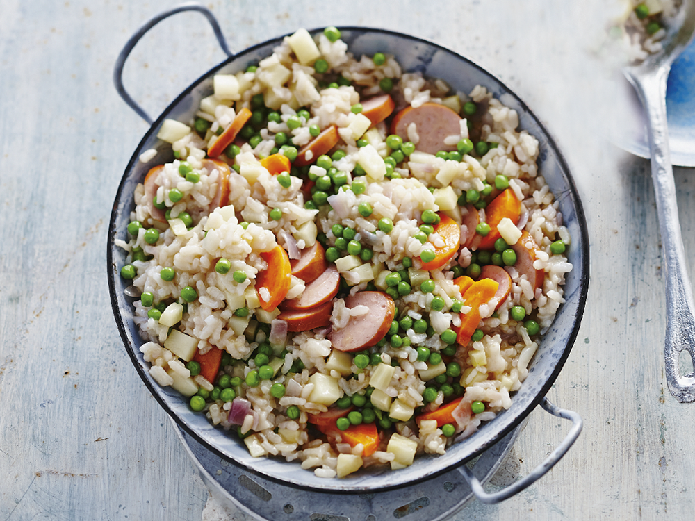 Risotto with Peas, Carrots, Celery Root and Sausage Savory