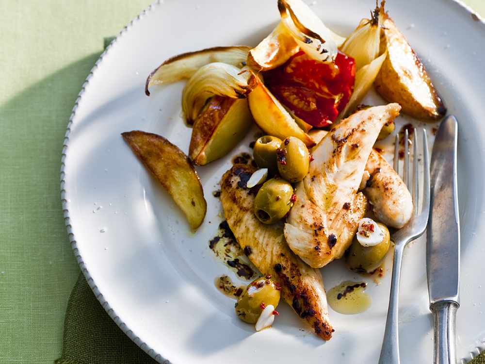 Sauteed Chicken Breast with Roast Potatoes and Olives | Savory