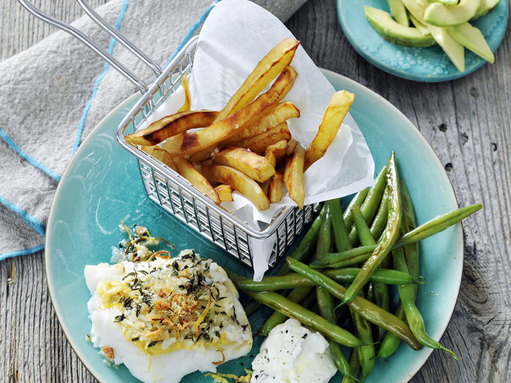 Roasted Lemon Herb Cod with Balsamic Sweet Potatoes and Green Beans | Savory