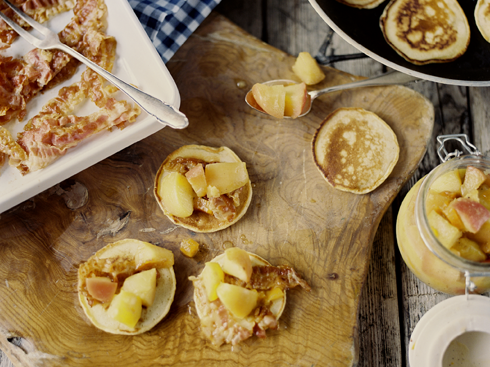 Silver Dollar Pancakes with Bacon and Apple Compote | Savory