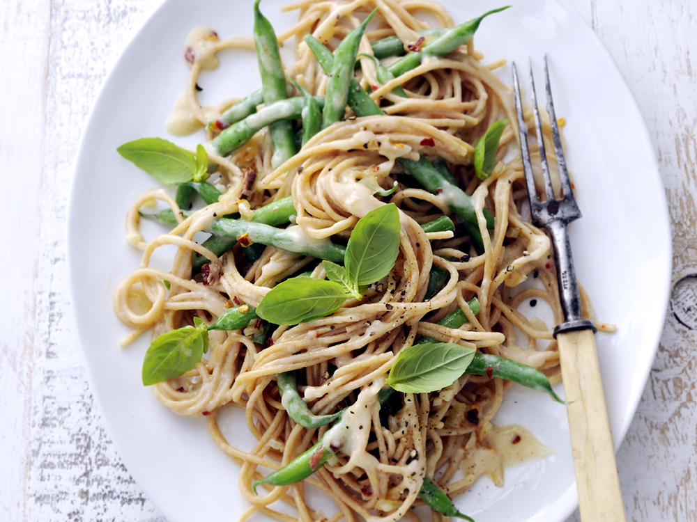 Spaghetti with Green Beans, Basil and Dairy Free Alfredo Sauce | Savory