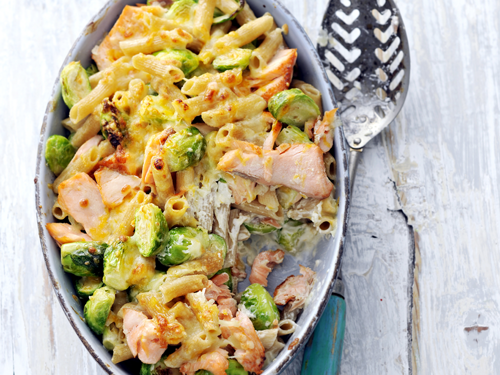 Cheesy Pasta with Salmon and Brussel Sprouts Savory