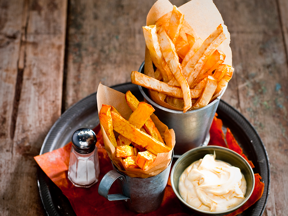 Rutabaga and Celery Root Fries with Curried Mayo Savory