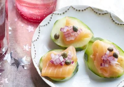 Cucumber Slices Topped with Smoked Salmon, Onion and Capers