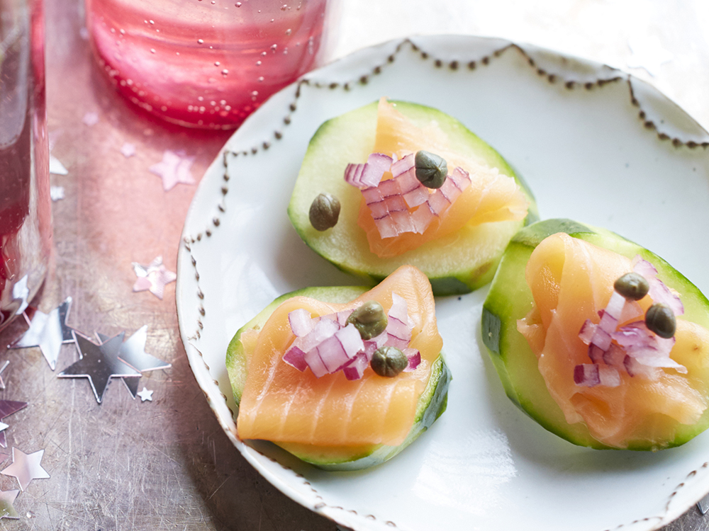 Cucumber Slices Topped with Smoked Salmon, Onion and Capers | Savory