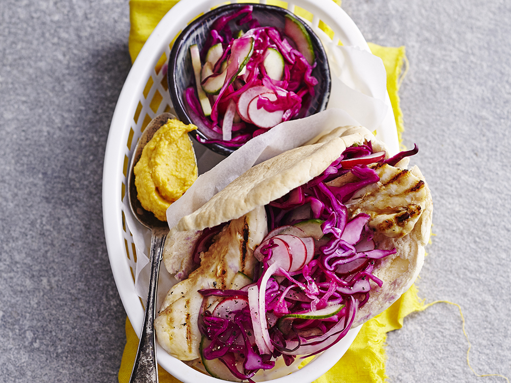 Chicken Pitas with Hummus and Red Coleslaw Savory