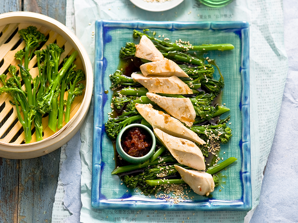 Poached Chicken Breast with Broccolini and Sesame Vinaigrette | Savory
