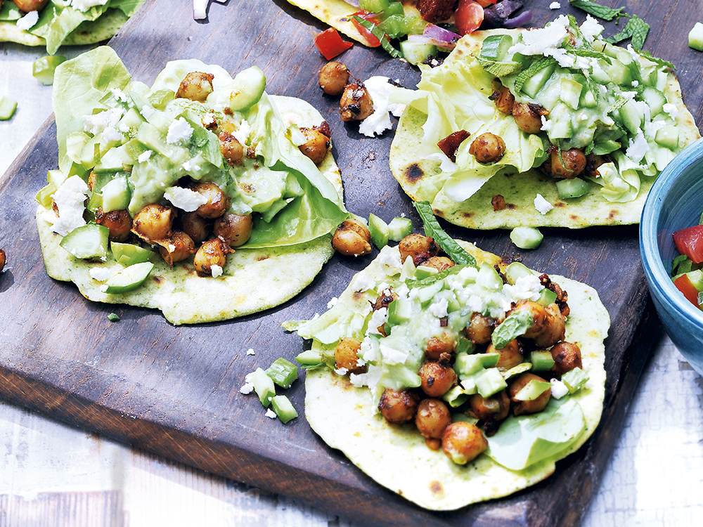 Roasted Chickpea Tacos with Spicy Avocado and Cucumber Salsas | Savory