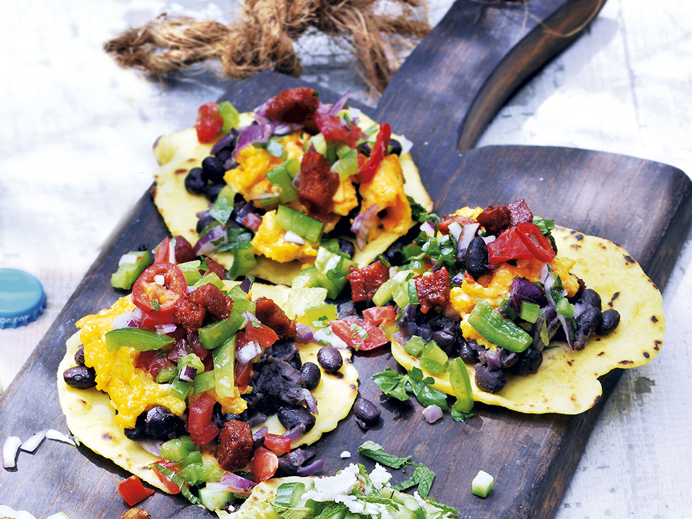 Black Bean, Pepperoni and Egg Tacos Savory