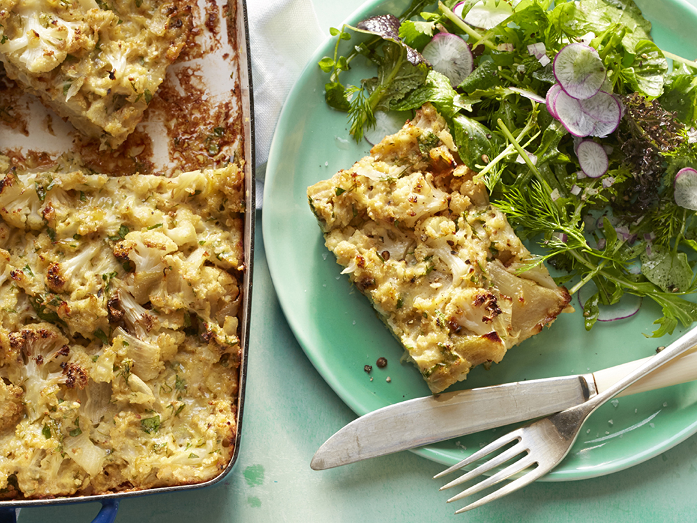 Roasted Cauliflower and Sweet Onion Kugel Savory