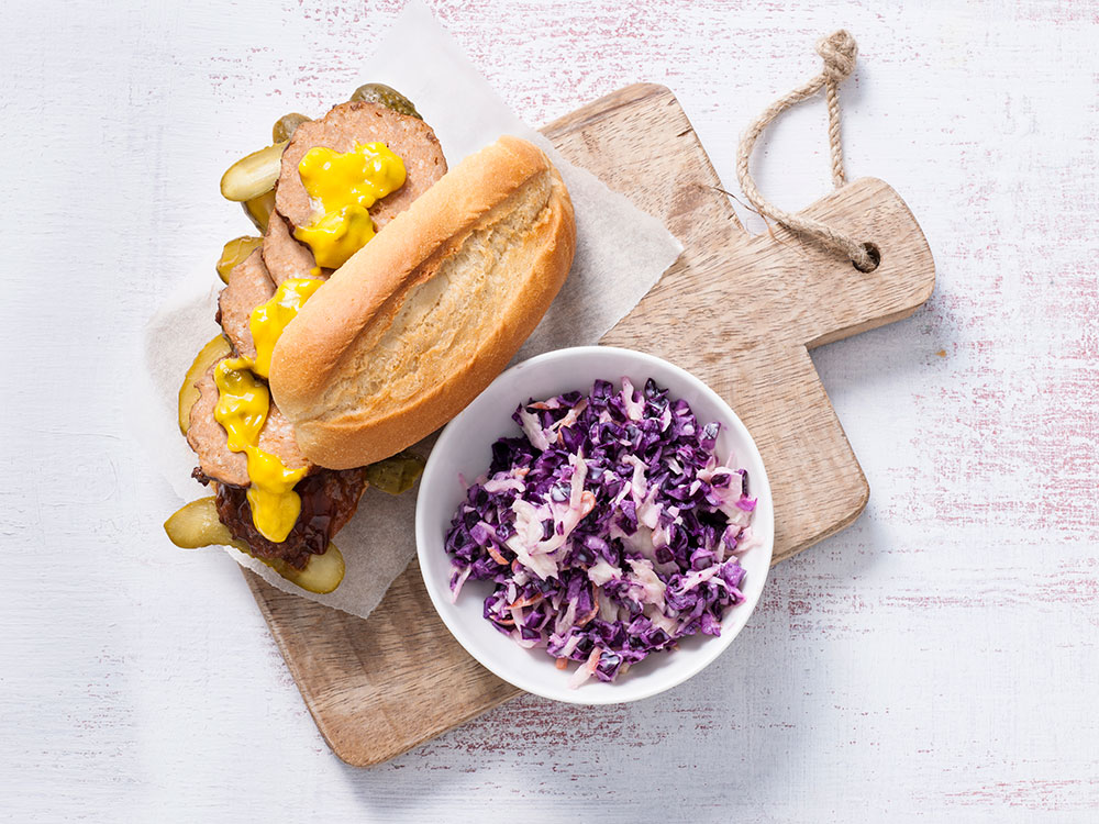 Meatball Sandwiches with Red Cabbage Caesar Slaw | Savory