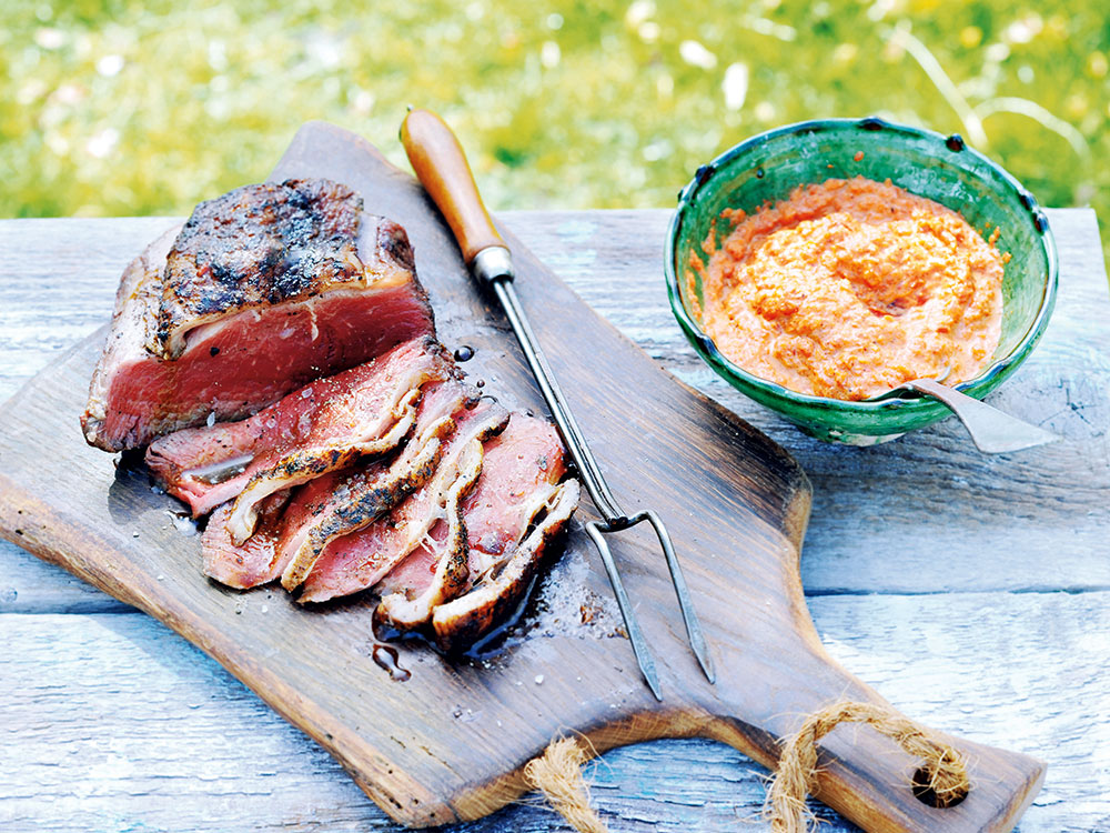 Grilled Sirloin Strip with Romesco Sauce | Savory