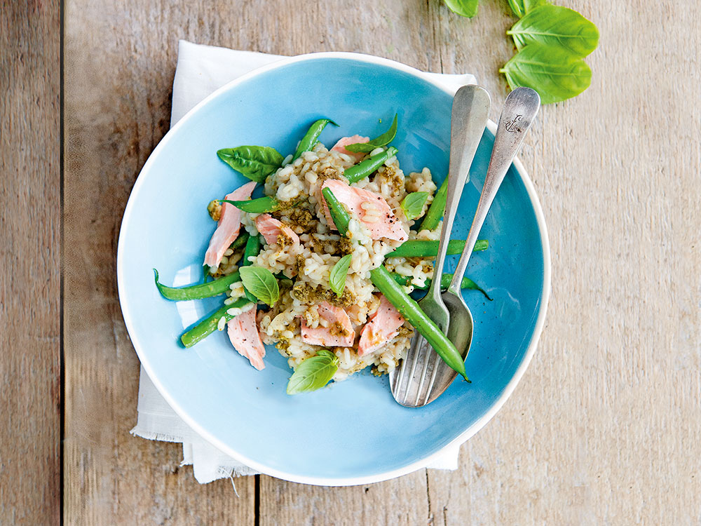 Pesto Risotto with Salmon and Green Beans | Savory
