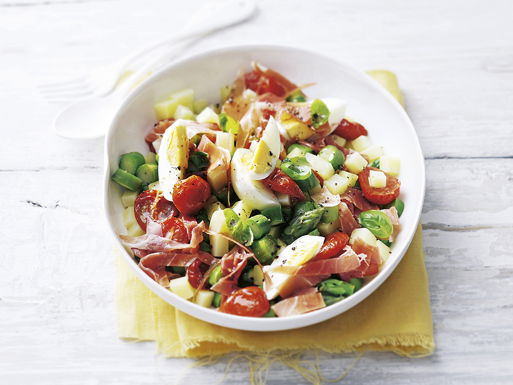 Potato-Asparagus Salad with Prosciutto and Basil Dressing | Savory