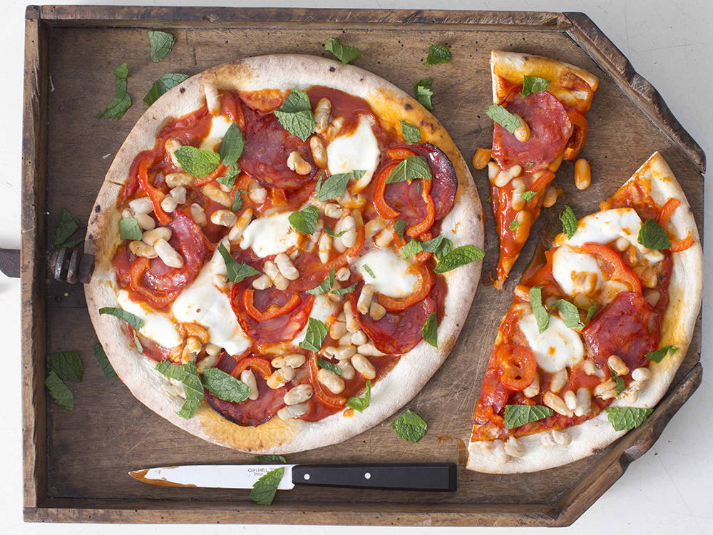 Pepperoni Pizza with Cannellini Beans and Bocconcini | Savory