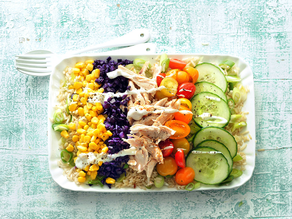 Rainbow Veggie Rice Salad with Chicken | Savory