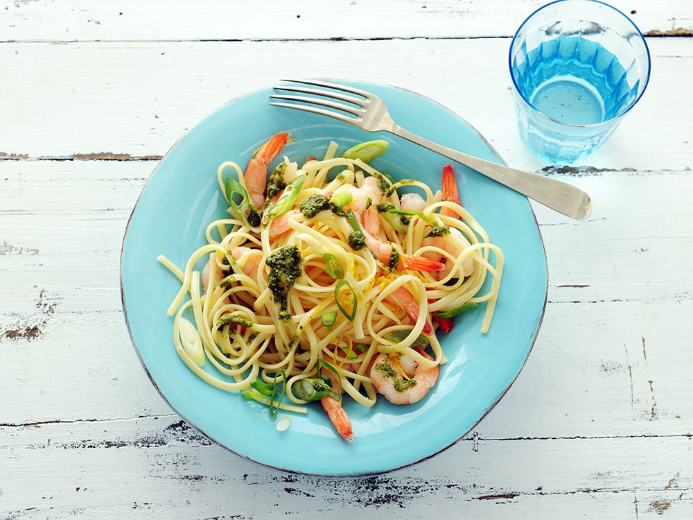 Pesto and Pasta with Lemon and Shrimp | Savory