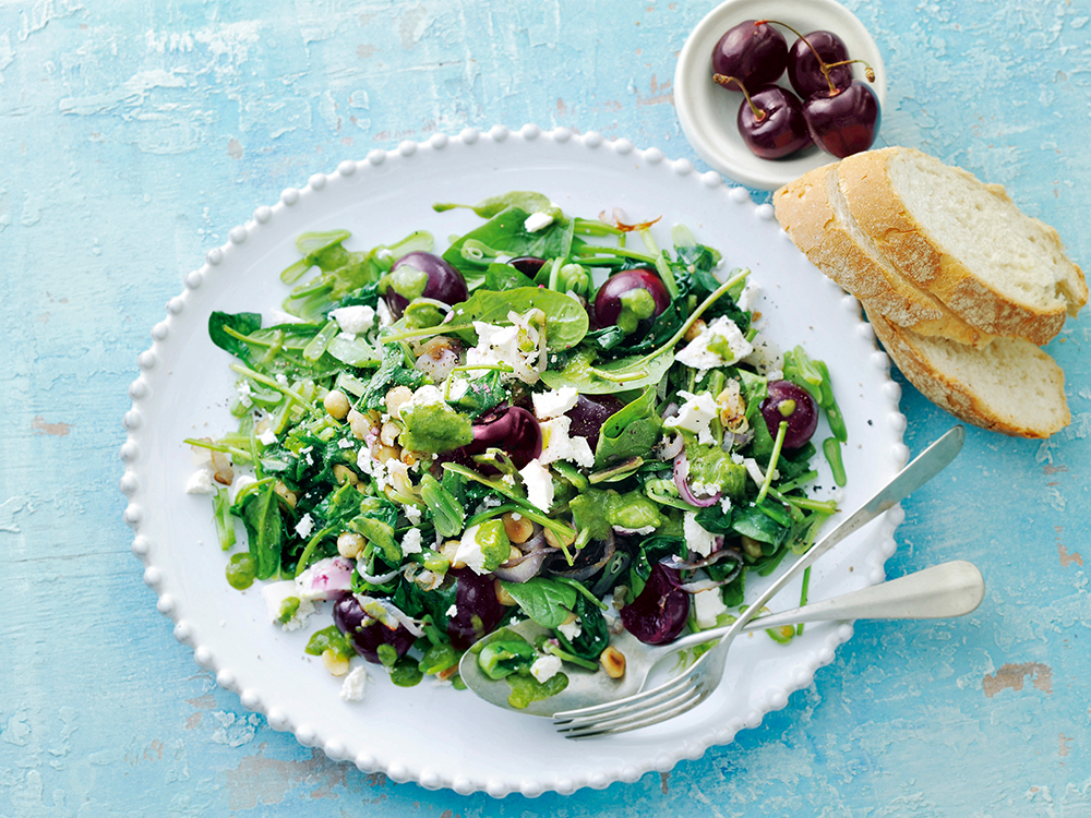 Spinach Salad with Cherries, Cheese and Basil | Savory