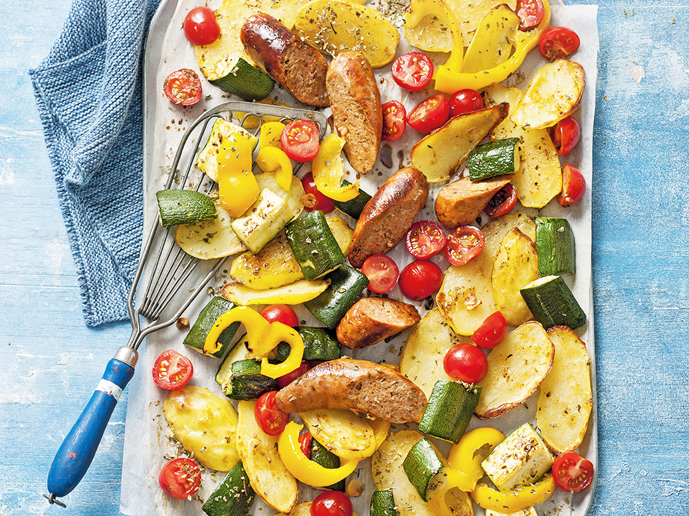 Sheet Pan Sausage, Potato, and Veggie Bake | Savory
