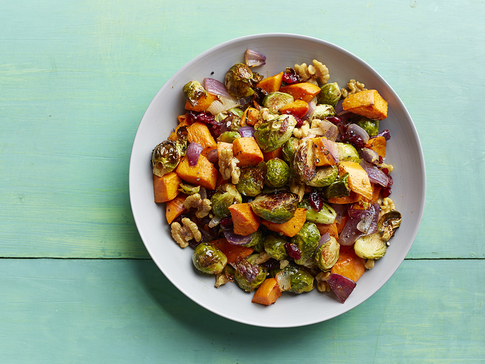 Roasted Brussels Sprouts and Sweet Potatoes Savory