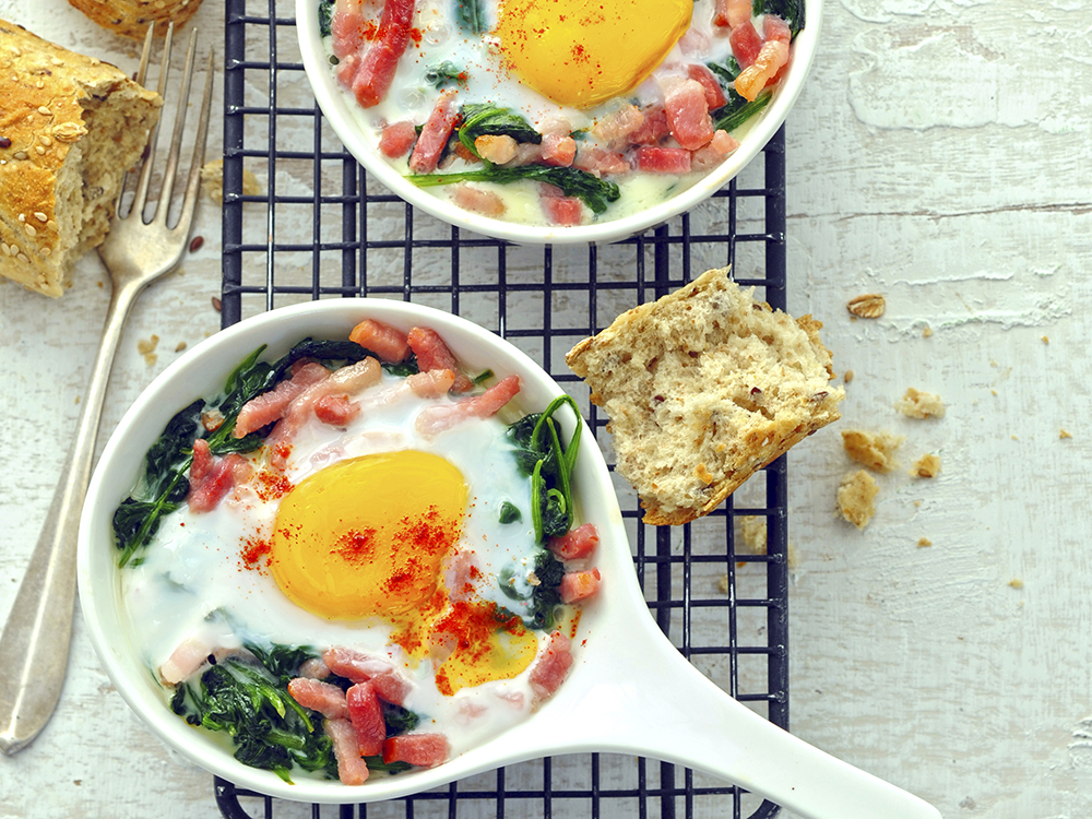 Baked Eggs with Bacon and Spinach | Savory