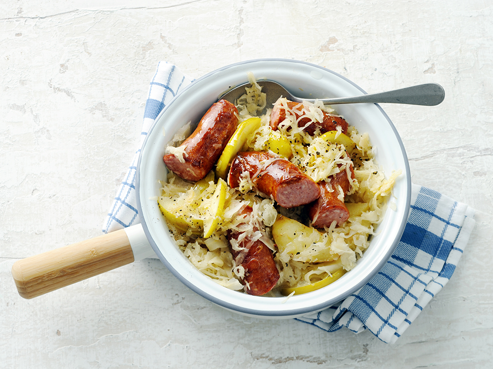 Kielbasa with Roasted Apple, Kraut, and Mustard Glaze | Savory