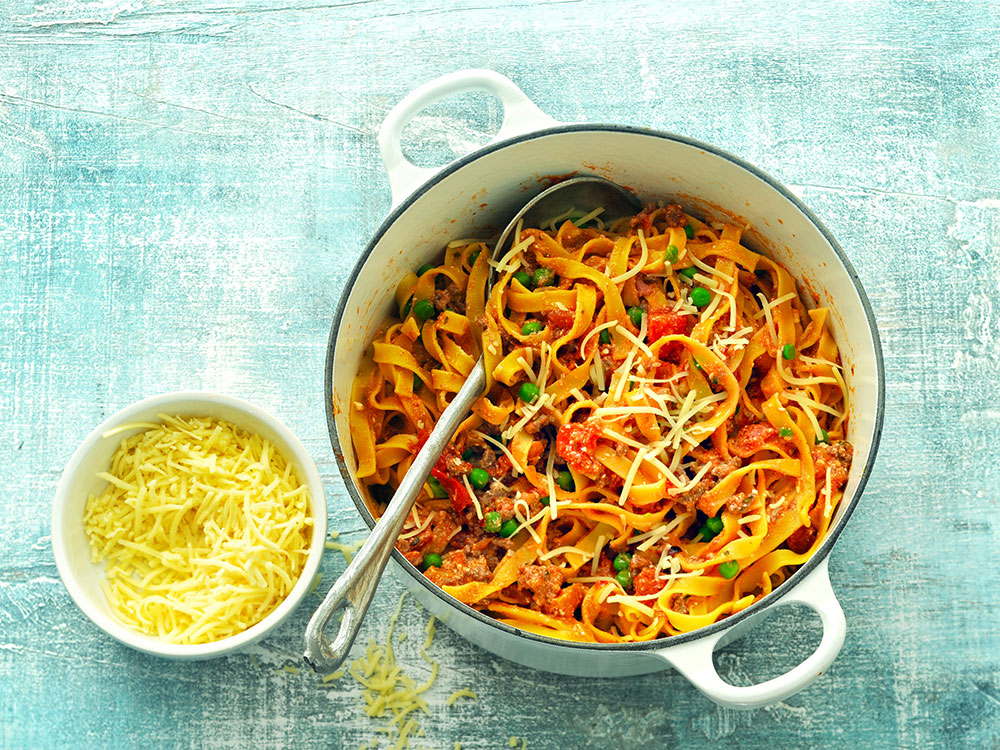 Fettuccine Bolognese with Peas and Ricotta | Savory