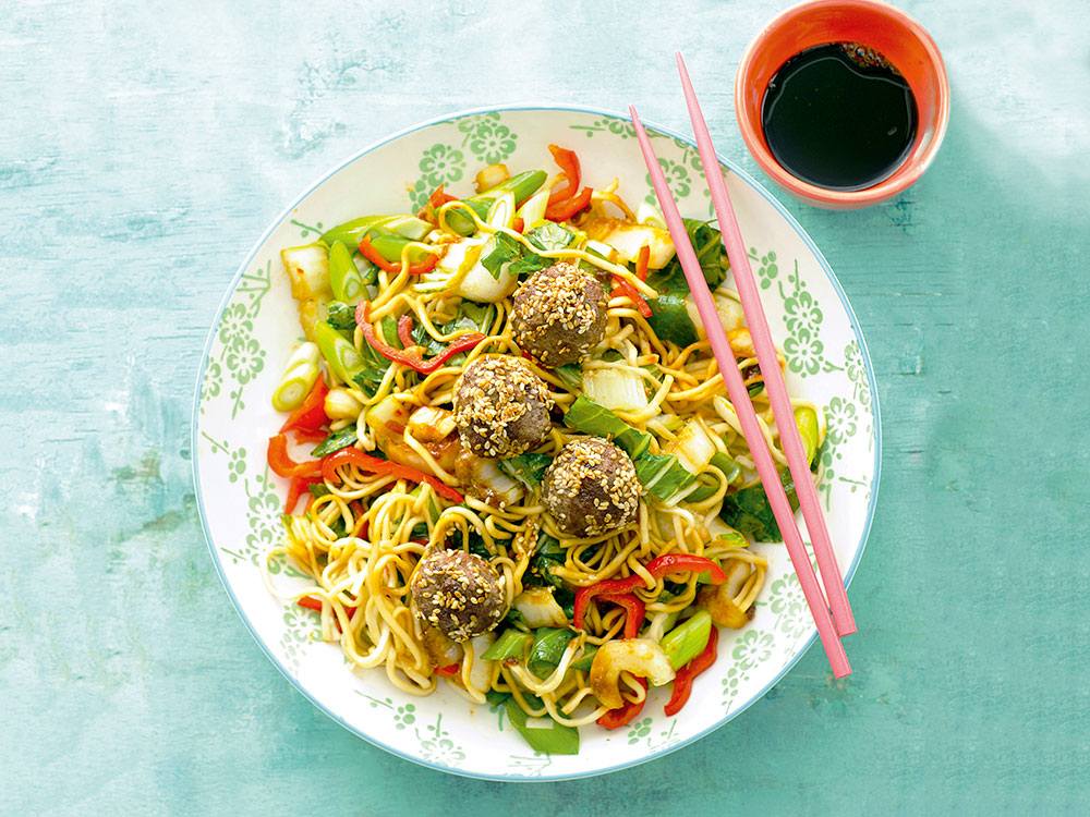 Sesame Beef Meatballs with Noodles | Savory