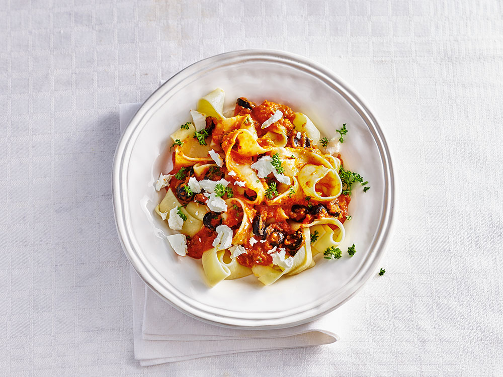 Pasta with Vegetable Sauce and Goat Cheese | Savory